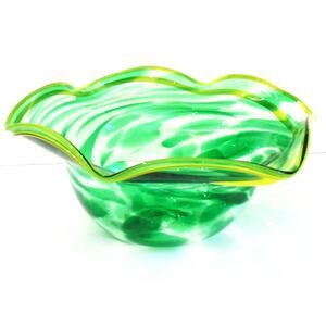 Art Glass Serving Bowl Hand Blown Large 13" Green Swirl Yellow Band Ruffle Rim